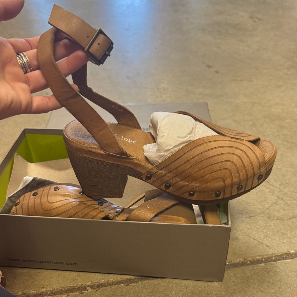 Antelope Brown Leather Platform Clog Sandals with Ankle Buckle